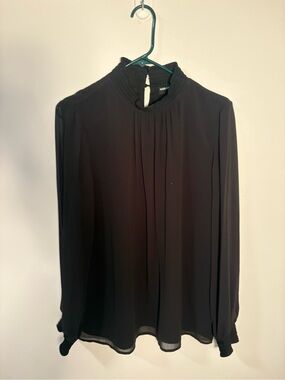 Karl Lagerfeld Paris Black Sheer Pleated Mock Neck Blouse | Size M